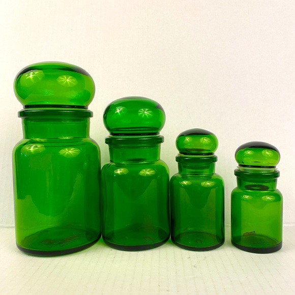 Other - Vintage Green Jar Canister Belgium Bubble Top Apothecary Set of 4 storage